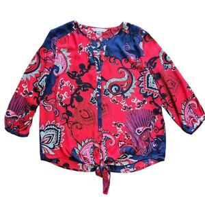 Peter Nygard paisley tie-front blouse open sleeves red blue size 10